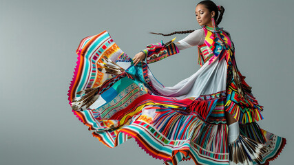 Naklejka premium A stylish woman wearing a vibrant, Native American-inspired outfit with intricate beadwork and colorful patterns.