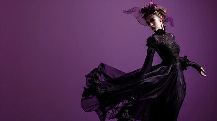 Fototapeta premium The image features a woman dressed in an elegant, flowing black gown with intricate lace detailing. 