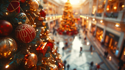 Obraz premium Shopping mall and store decorations with Christmas tree and gift boxes 