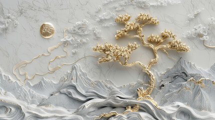 Chinese Style Gold and Silver Pine Tree Relief Carving on Mountain Landscape with Golden Sun and Moon, High Resolution 3D Rendering on Light Gray Marble Texture