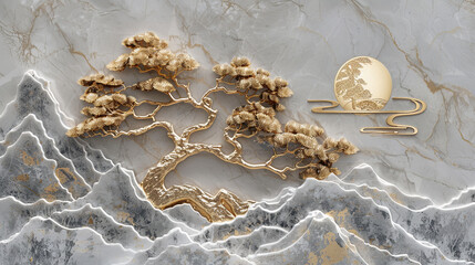 Chinese Style Gold and Silver Pine Tree Relief Carving on Mountain Landscape with Golden Sun and Moon, High Resolution 3D Rendering on Light Gray Marble Texture