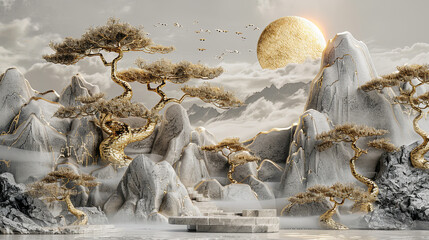 Chinese Style Gold and Silver Pine Tree Relief Carving on Mountain Landscape with Golden Sun and Moon, High Resolution 3D Rendering on Light Gray Marble Texture