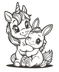Cute and joyful unicorn with little bunny. Coloring book page.
