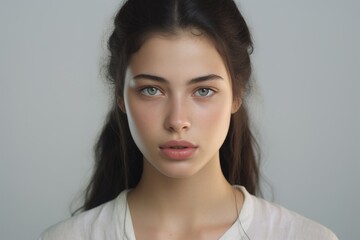 A woman with long dark hair and a white shirt