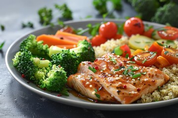 A clean photo of a meal for metabolic health featuring a plate of lean protein, quinoa, and steamed vegetables. Highlight the balanced nutrition and metabolic support with vibrant, healthy ingredients