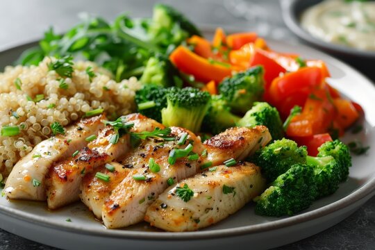 A clean photo of a meal for metabolic health featuring a plate of lean protein, quinoa, and steamed vegetables. Highlight the balanced nutrition and metabolic support with vibrant, healthy ingredients