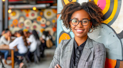 Naklejka premium Entrepreneur is smiling in an open space office with her arms crossed