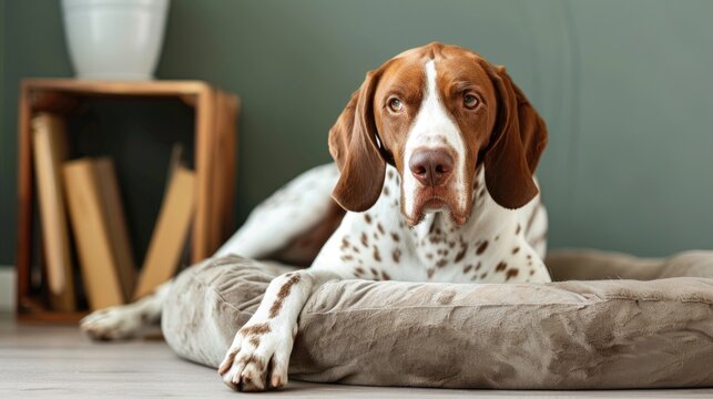 English pointer dog resting beside a dog bed on the floor