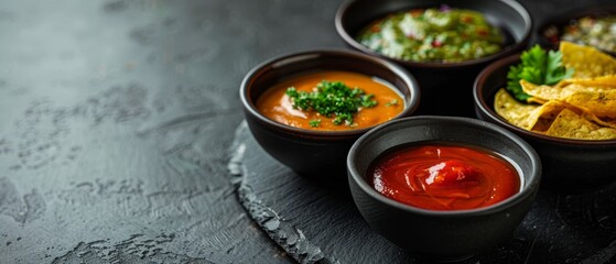 Savory Delights - Close-up of Matte Bowls and Plates with Various Sauces and Dips on Dark Background for Marketing Campaigns