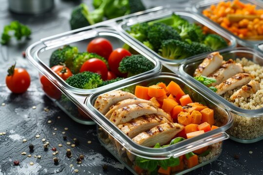 A clean photo of a meal prep setup featuring containers with grilled chicken, quinoa, and mixed vegetables. Emphasize the organization, portion control, and balanced nutrition of the meal prep