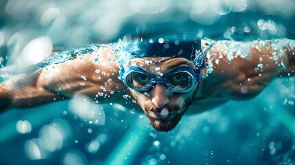 Professional Swimmer Practicing Freestyle Stroke in Olympic Pool with Motion Blur
