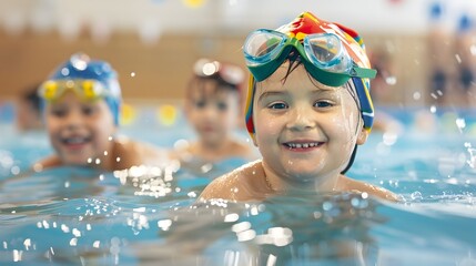 Happy children learning to swim with instructor in indoor pool