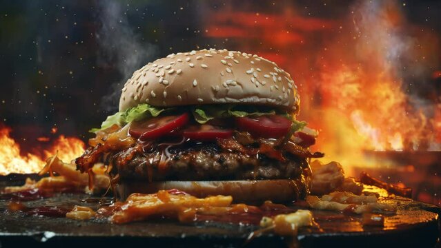 Video recreation of a big burguer surrounded of fire