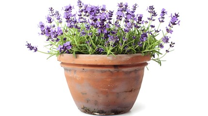Blooming Lavender Plant in Rustic Terracotta Pot on White Background