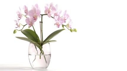 Exquisite Orchid Blossom Showcased in Decorative Glass Pot on White Background