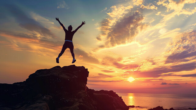 concept for expression success - person victoriously jumping with arms raised in the air