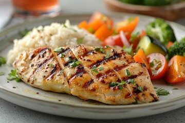 A clean, realistic photo of a nutritious meal showcasing a balanced diet with grilled chicken, brown rice, and steamed vegetables. Emphasize portion control and the visual appeal of heart-healthy,