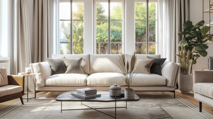 Obraz premium An elegant modern living room featuring a large white sofa with grey and beige pillows, a sleek coffee table, and expansive windows with a view of lush greenery outside.
