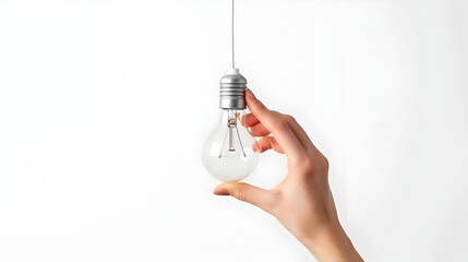 Hand Reaching to Change a Modern Energy-Efficient LED Light Bulb in Ceiling Fixture on White