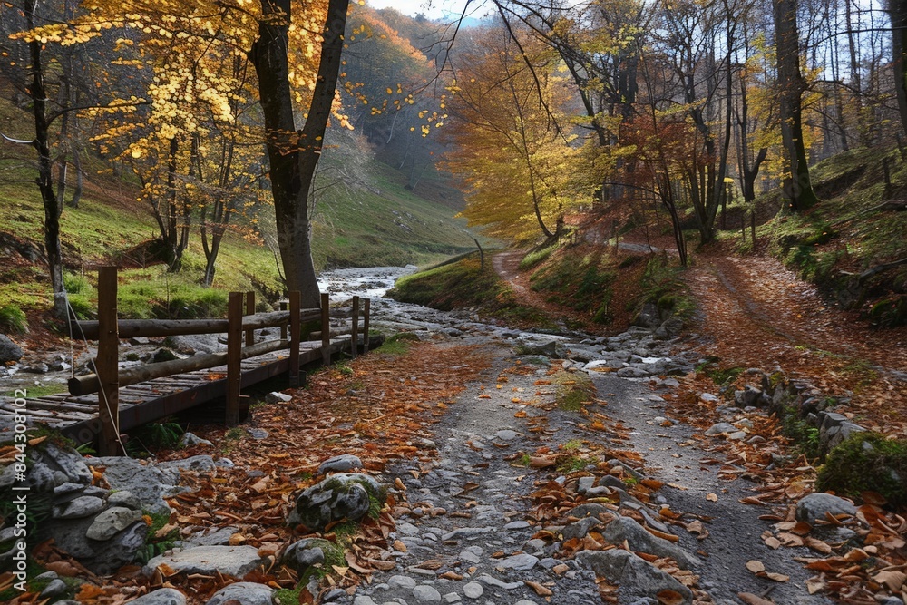 Aufkleber a serene autumn landscape featuring a rustic pathway with colorful foliage and a wooden bridge over 