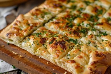 Delicious cheesy garlic bread with parsley on top, presented on a wooden cutting board, ideal for comfort food