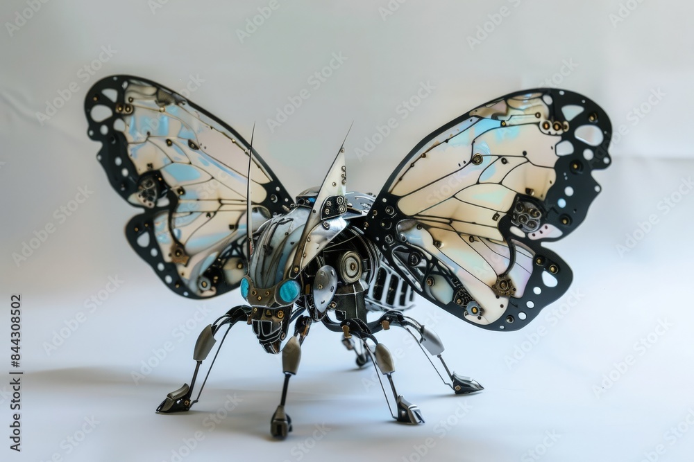 Aufkleber a mechanical butterfly sculpture with intricate details and stained-glass style wings against a plai