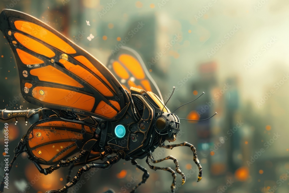 Poster a highly detailed orange mechanical butterfly with a futuristic design perched elegantly against a s