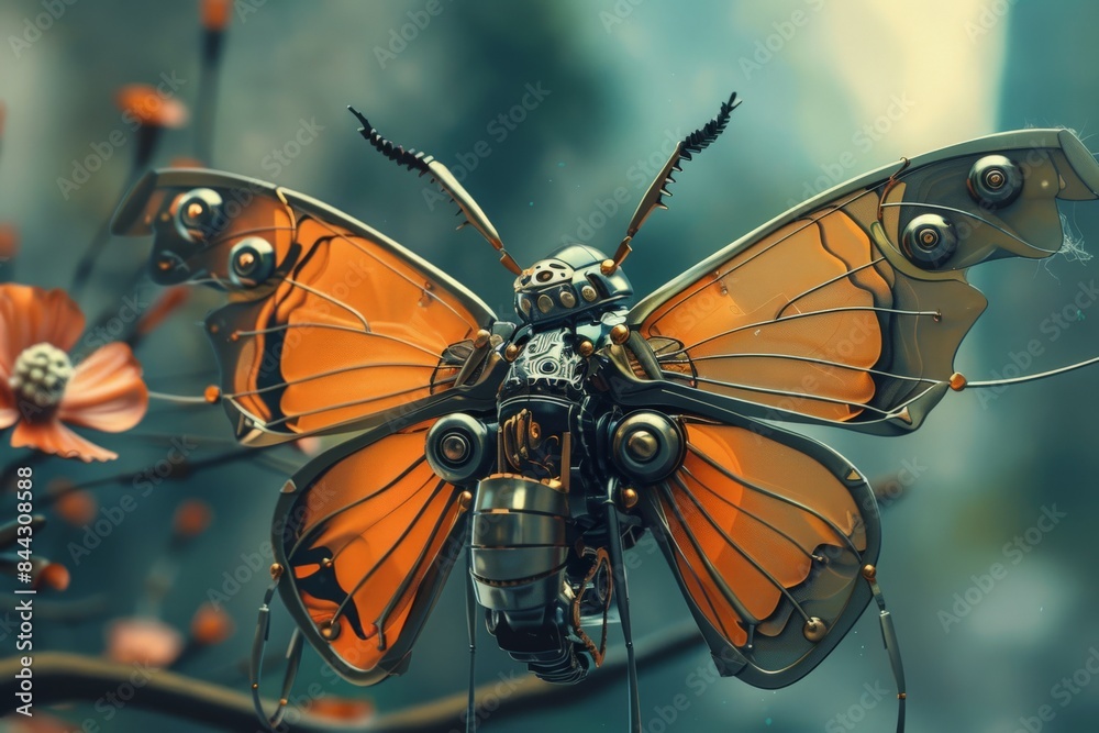 Poster an artistic representation of a robotic butterfly with orange wings amidst flowers, showcasing a fus