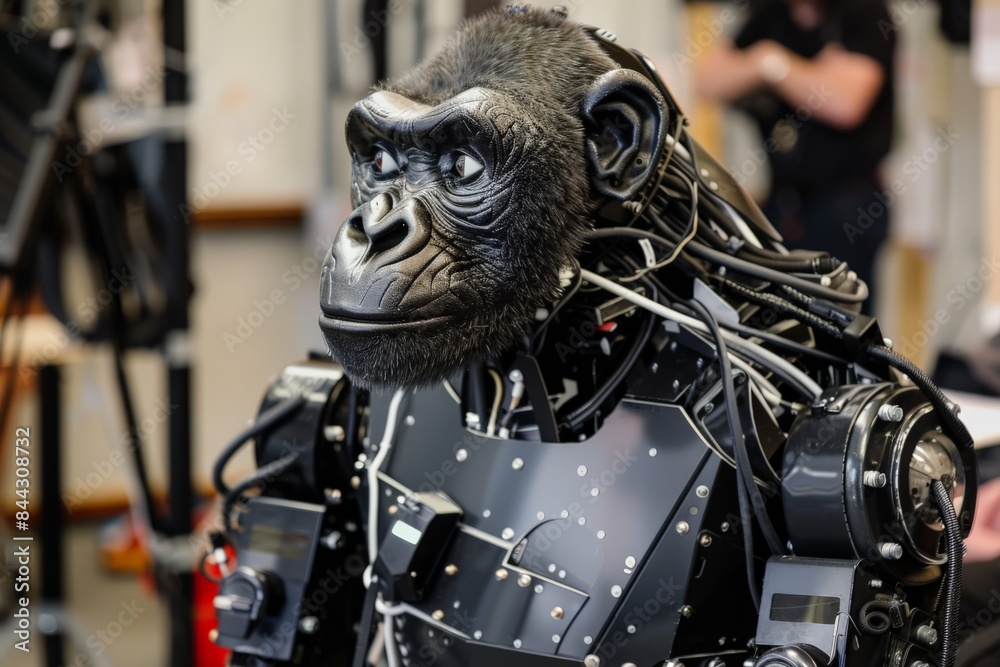 Aufkleber close-up of a realistic mechanical gorilla head, with intricate details suggesting advanced scientif
