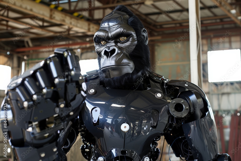 Aufkleber Incredibly lifelike robotic gorilla with black shiny surfaces in a workshop