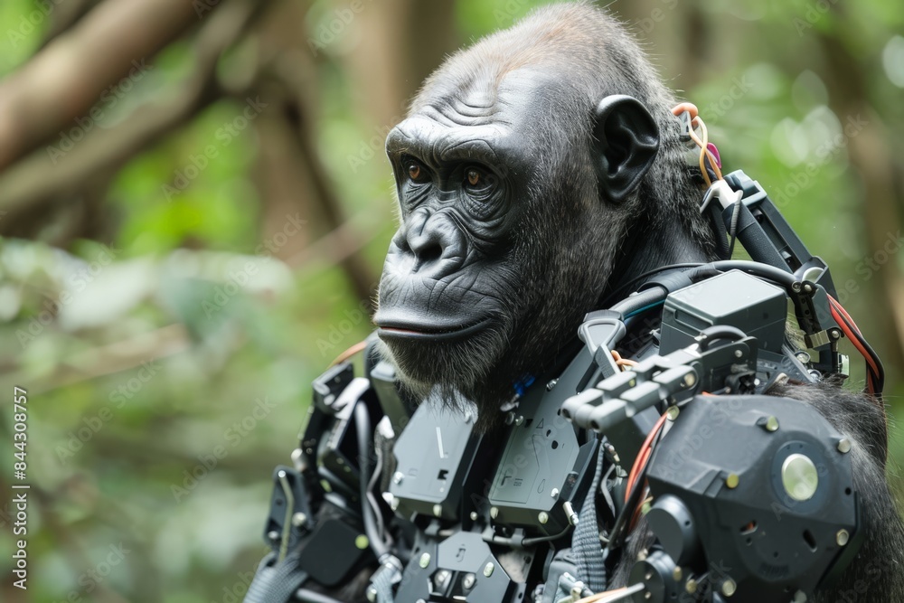 Aufkleber high-tech robotic gorilla in a lush, green natural forest setting