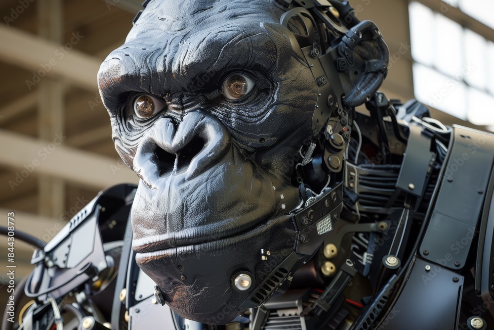 Poster close-up of an animatronic gorilla head with detailed robotic components and expressive eyes