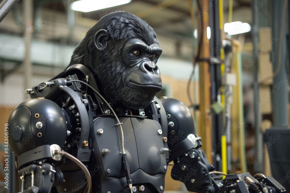 Poster side profile of a seated mechanical gorilla with intricate design details