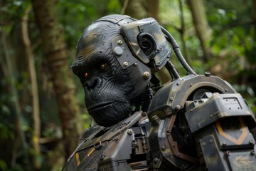 A detailed depiction of a robotic gorilla's head with metallic features amidst vegetation