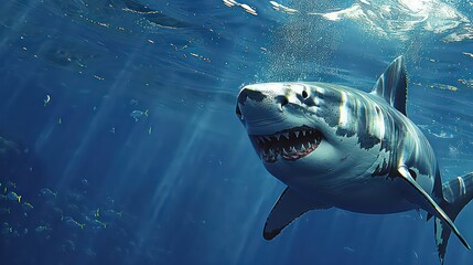 Fototapeta premium Menacing Great White Shark with Open Jaws, Powerful Great White Shark Hunting in Its Natural Habitat