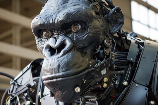 Close-up of an animatronic gorilla head with detailed robotic components and expressive eyes