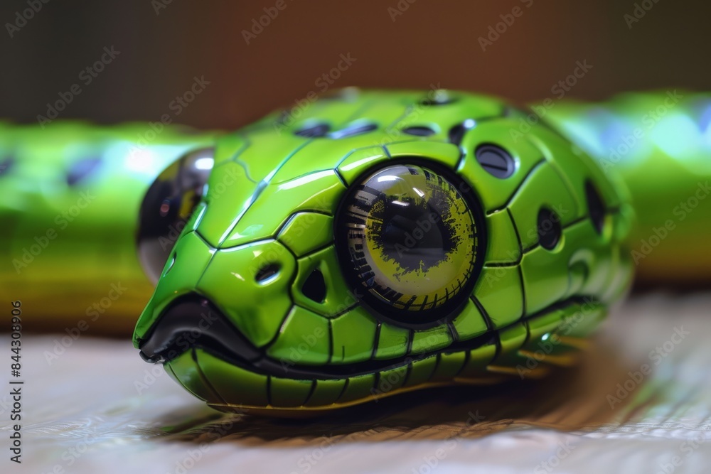 Poster this image features a detailed close-up of a green robot snake with intricate designs and large, pro