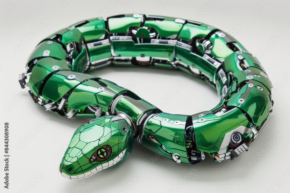 Poster a striking image of a robotic snake with a bright green color scheme coiled into a perfect circle, o