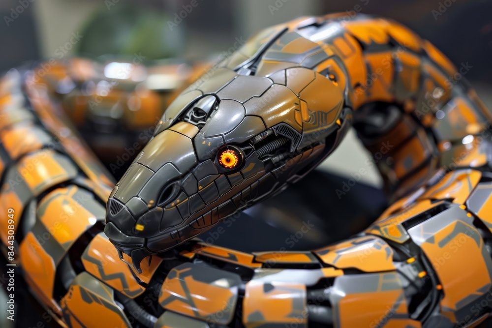 Poster A close-up shot of a detailed orange robotic snake head with black patterns and a red eye