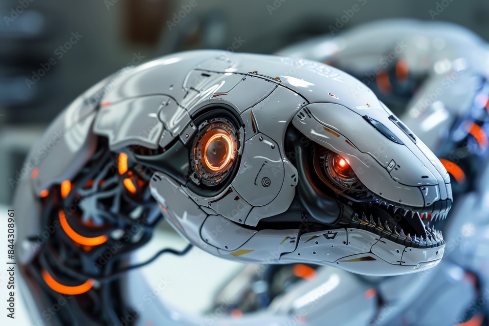 Aufkleber a close-up shows a high-tech robotic snake head with glowing red eyes, highlighting technological de