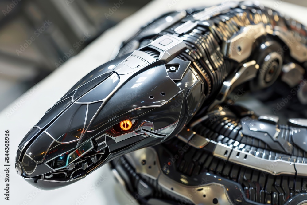Poster a detailed view of a mechanical snake with a focused look, placed against a white clinical backgroun