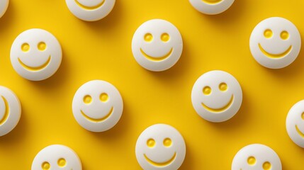 Fototapeta premium Close-up of a pattern of white pills in the form of a smiley face on a yellow background. The concept of happiness, joy, and positive emotions.