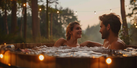  A couple relaxing together in a hot tub on a glamping break