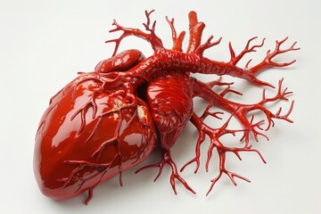 A realistic photo of a plastic model of the aorta, highlighting its structure and branching arteries. The model is isolated on a white background for detailed anatomical study