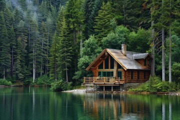 A serene lakeside cabin surrounded by pine trees. 