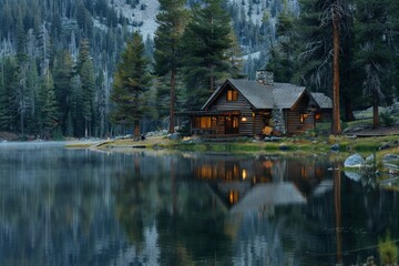 Fototapeta premium A serene lakeside cabin surrounded by pine trees. 