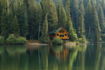 Fototapeta premium A serene lakeside cabin surrounded by pine trees. 