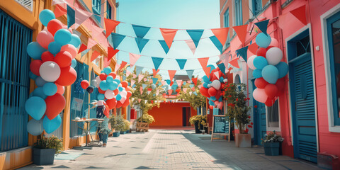 A party or celebration with lots of flags, bunting, ballons and signs