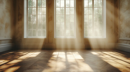 Fototapeta premium a modern minimal room background without any furniture or people. morning sunlight through the windows and feeling so warm.