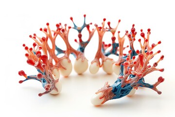 A realistic photo of a plastic model of lymph nodes, highlighting their structure and position in the body. The model is isolated on a white background for detailed anatomical study